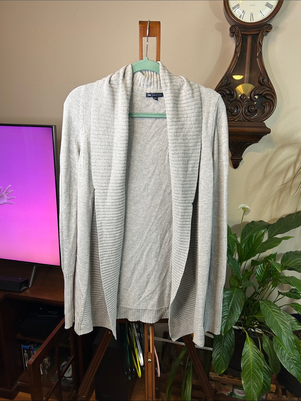 GAP Light Gray Open-Front Shawl Collar Cardigan made w cashmere